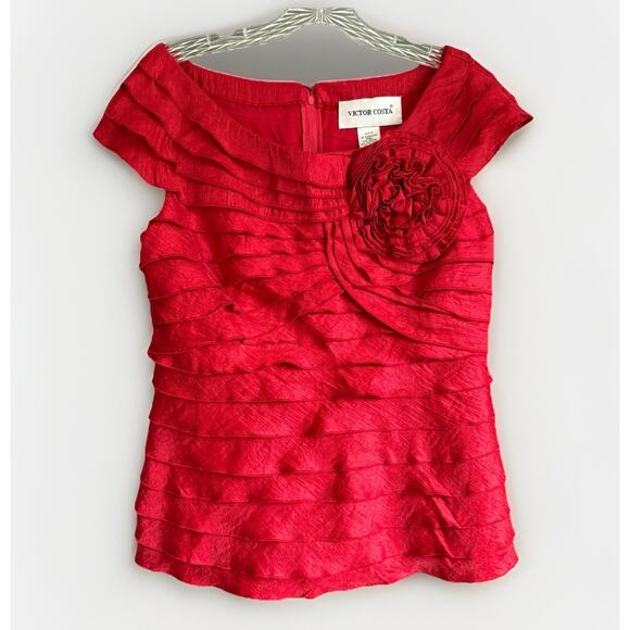 Vintage Victor Costa Tiered Ruffle Rosette Blouse Red Rayon Y2K Formal Size 10 - Picture 1 of 8